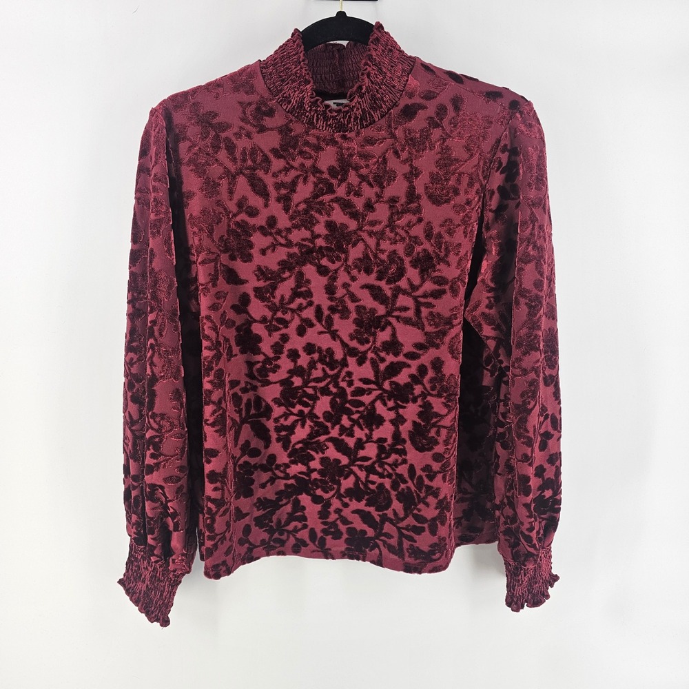 Maurices Burgundy Burnout Velvet Blouse Large Floral Smocked Mock Neck Vamp Goth